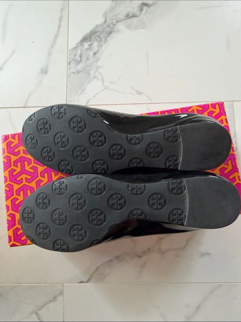 Tory Burch Black Patent Reva Logo Round-Toe Ballet Flats